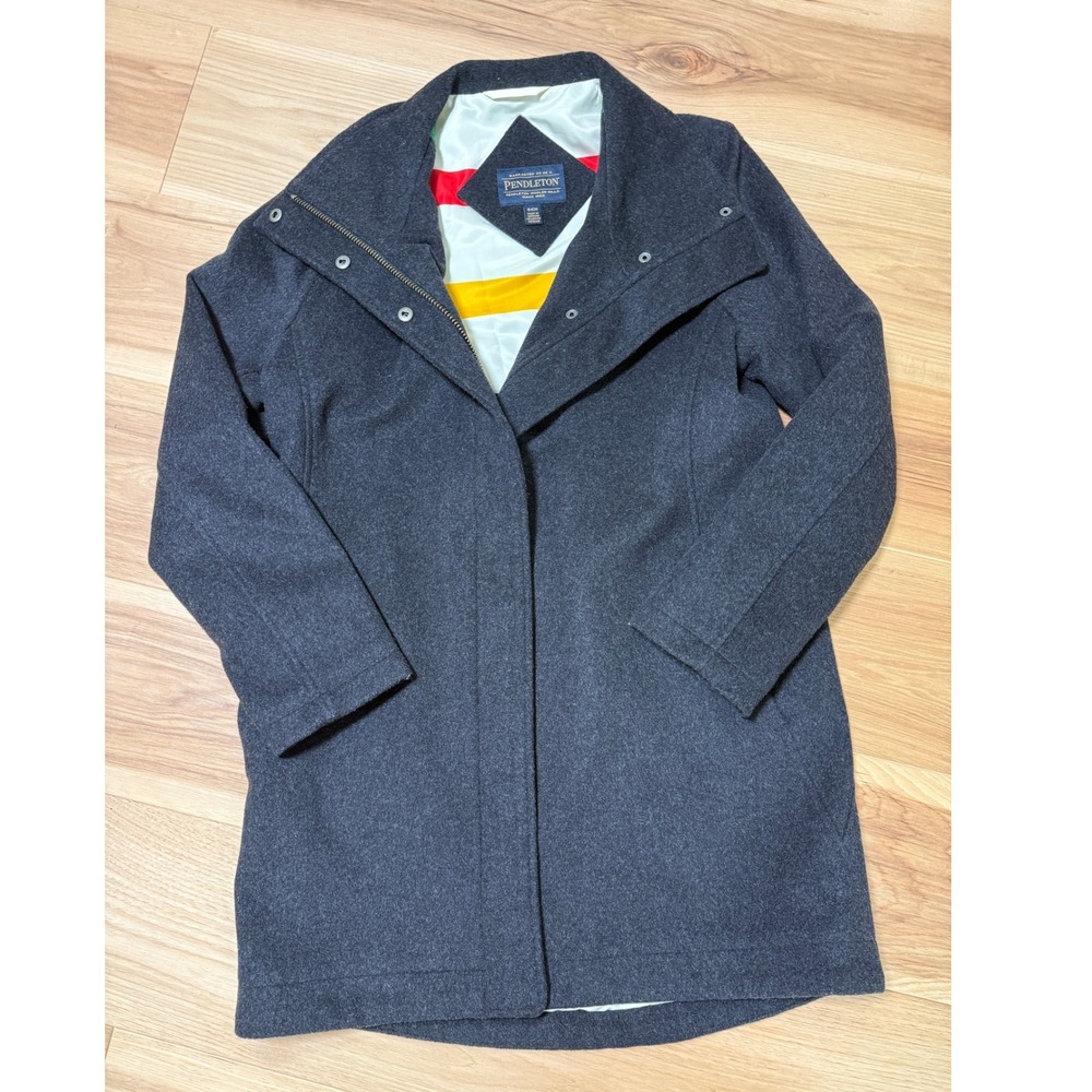 Pendleton Wool Blend Coat Women Small Charcoal Grey Glacier Park Striped Lining